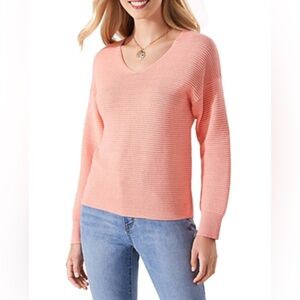 Tommy Bahama Bonita Mini Sequin Rib Knit Long Sleeve V-Neck in Coral Sweater NWT